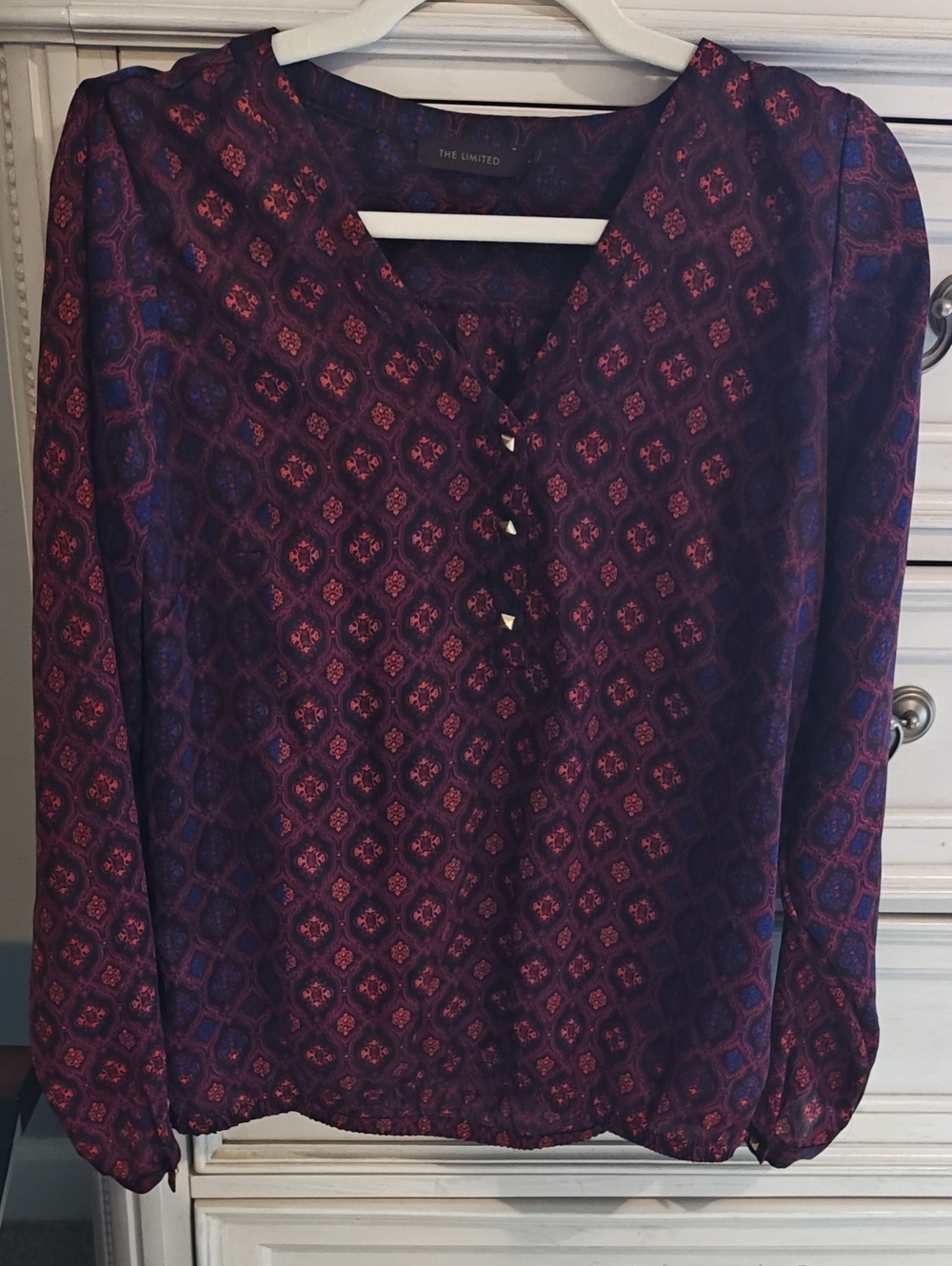 The Limited Purple Patterned Long-Sleeve Blouse with Button Placket